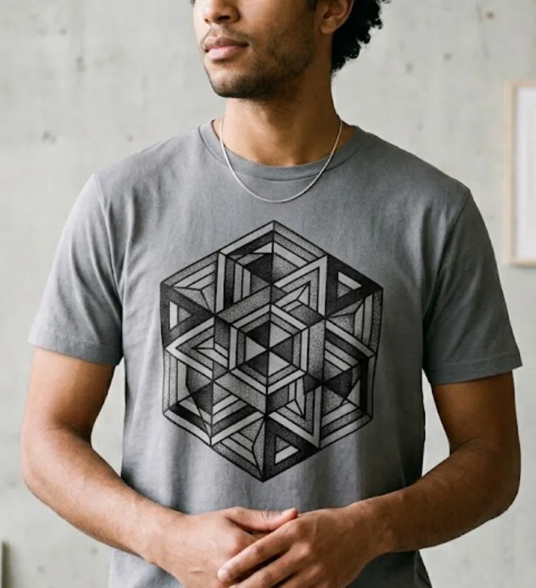 [indisponible] T-shirt noir imprimé d'un motif géométrique, vu de dos devant un mur graffé